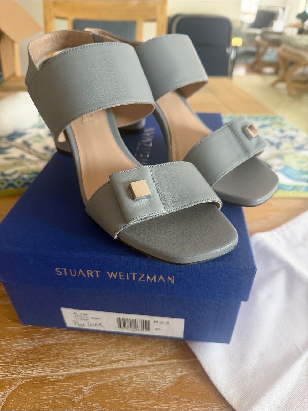 Stuart Weitzman Grey Leather Block Heel Sandals with Gold Accent